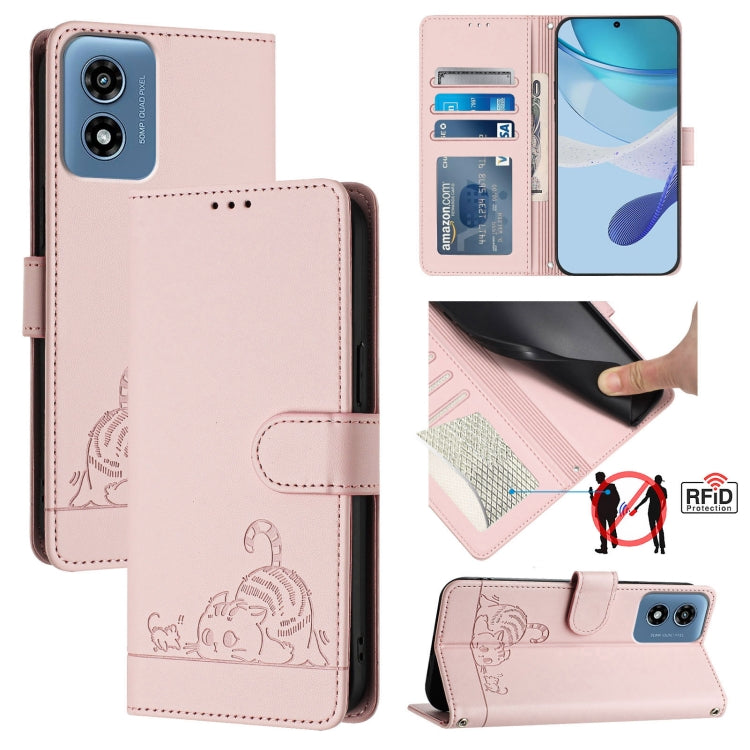 For Motorola Moto G Play 5G 2024 Global Cat Rat Embossed Pattern RFID Leather Phone Case with Lanyard(Pink) - Motorola Cases by buy2fix | Online Shopping UK | buy2fix