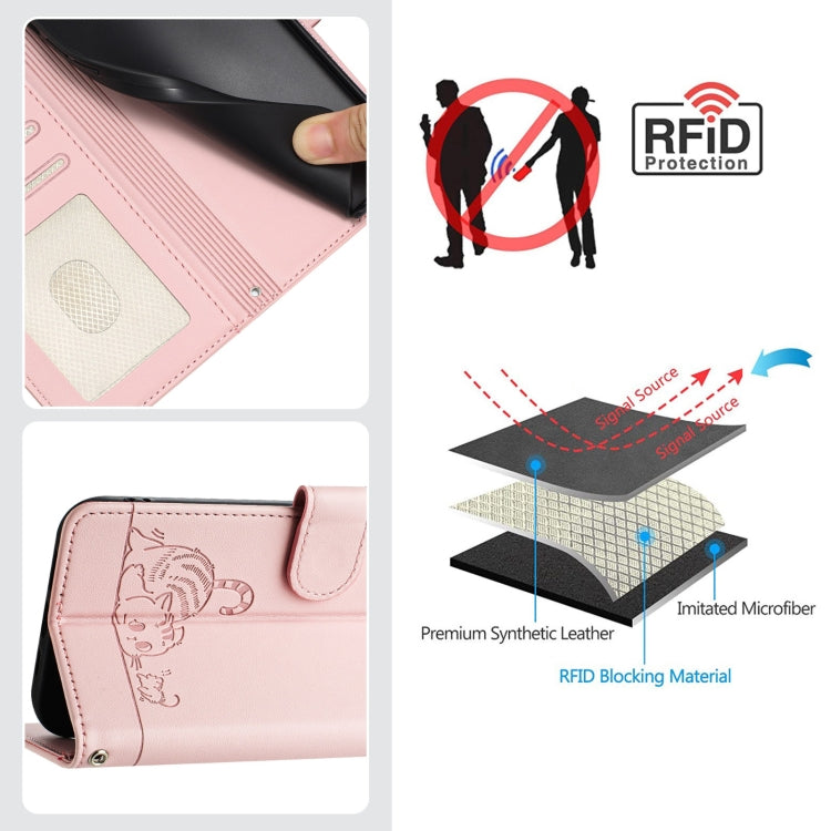 For Motorola Moto G Play 5G 2024 Global Cat Rat Embossed Pattern RFID Leather Phone Case with Lanyard(Pink) - Motorola Cases by buy2fix | Online Shopping UK | buy2fix