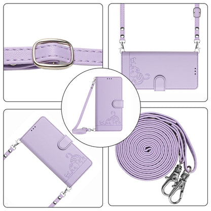 For Motorola Moto G Play 5G 2024 Global Cat Rat Embossed Pattern RFID Leather Phone Case with Lanyard(Purple) - Motorola Cases by buy2fix | Online Shopping UK | buy2fix