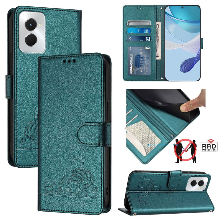 For Motorola Moto G Power 5G 2024 Cat Rat Embossed Pattern RFID Leather Phone Case with Lanyard(Peacock Green) - Motorola Cases by buy2fix | Online Shopping UK | buy2fix