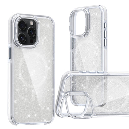 For iPhone 15 Pro Two-color Glitter Powder Lens Holder Magsafe Phone Case(White) - iPhone 15 Pro Cases by buy2fix | Online Shopping UK | buy2fix
