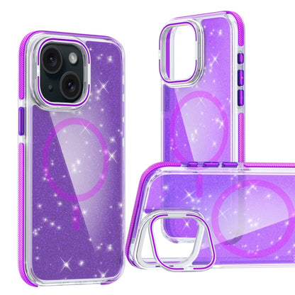 For iPhone 15 Plus Two-color Glitter Powder Lens Holder Magsafe Phone Case(Purple) - iPhone 15 Plus Cases by buy2fix | Online Shopping UK | buy2fix
