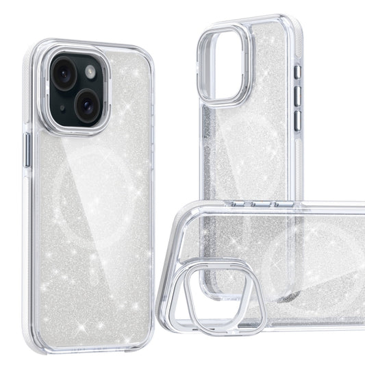 For iPhone 14 Plus Two-color Glitter Powder Lens Holder Magsafe Phone Case(White) - iPhone 14 Plus Cases by buy2fix | Online Shopping UK | buy2fix