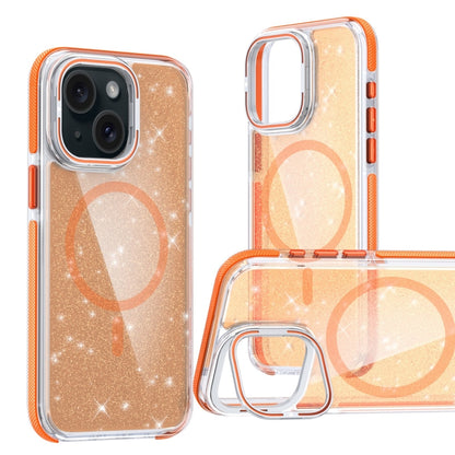 For iPhone 14 Two-color Glitter Powder Lens Holder Magsafe Phone Case(Orange) - iPhone 14 Cases by buy2fix | Online Shopping UK | buy2fix