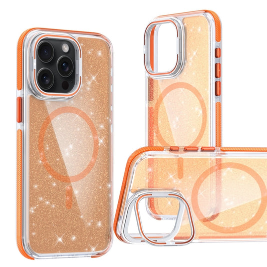 For iPhone 14 Pro Max Two-color Glitter Powder Lens Holder Magsafe Phone Case(Orange) - iPhone 14 Pro Max Cases by buy2fix | Online Shopping UK | buy2fix