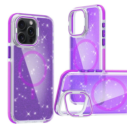 For iPhone 13 Pro Max Two-color Glitter Powder Lens Holder Magsafe Phone Case(Purple) - iPhone 13 Pro Max Cases by buy2fix | Online Shopping UK | buy2fix