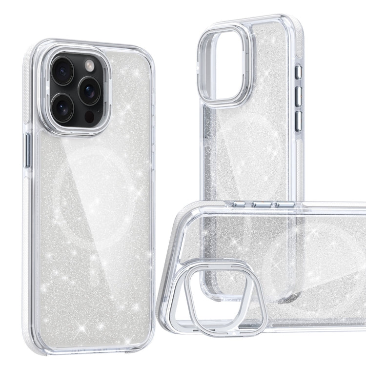For iPhone 13 Pro Max Two-color Glitter Powder Lens Holder Magsafe Phone Case(White) - iPhone 13 Pro Max Cases by buy2fix | Online Shopping UK | buy2fix