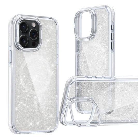 For iPhone 13 Pro Two-color Glitter Powder Lens Holder Magsafe Phone Case(White) - iPhone 13 Pro Cases by buy2fix | Online Shopping UK | buy2fix