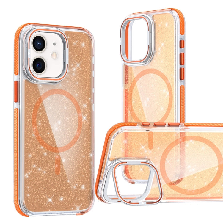 For iPhone 12 Two-color Glitter Powder Lens Holder Magsafe Phone Case(Orange) - iPhone 12 / 12 Pro Cases by buy2fix | Online Shopping UK | buy2fix