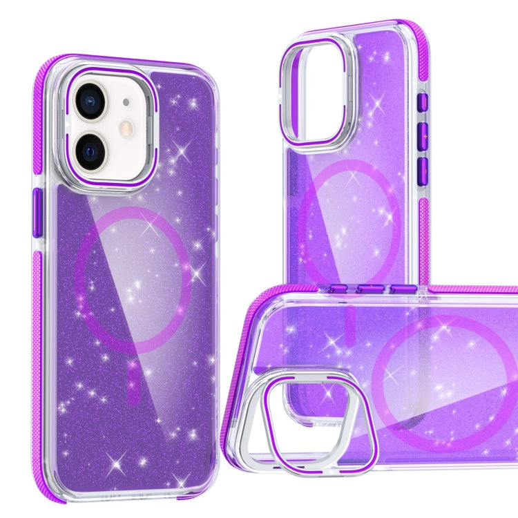 For iPhone 12 Two-color Glitter Powder Lens Holder Magsafe Phone Case(Purple) - iPhone 12 / 12 Pro Cases by buy2fix | Online Shopping UK | buy2fix