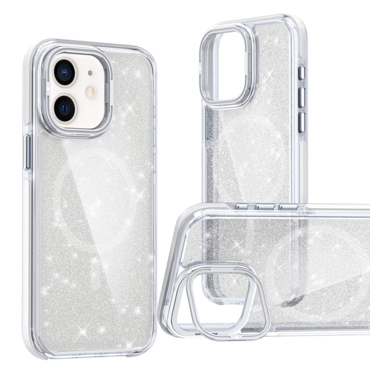 For iPhone 12 Two-color Glitter Powder Lens Holder Magsafe Phone Case(White) - iPhone 12 / 12 Pro Cases by buy2fix | Online Shopping UK | buy2fix