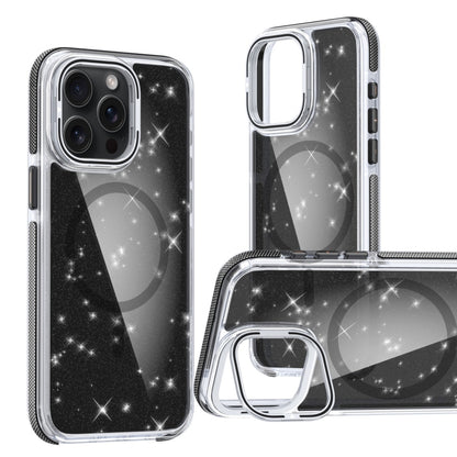 For iPhone 12 Pro Max Two-color Glitter Powder Lens Holder Magsafe Phone Case(Black) - iPhone 12 Pro Max Cases by buy2fix | Online Shopping UK | buy2fix