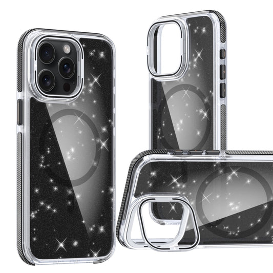 For iPhone 12 Pro Max Two-color Glitter Powder Lens Holder Magsafe Phone Case(Black) - iPhone 12 Pro Max Cases by buy2fix | Online Shopping UK | buy2fix
