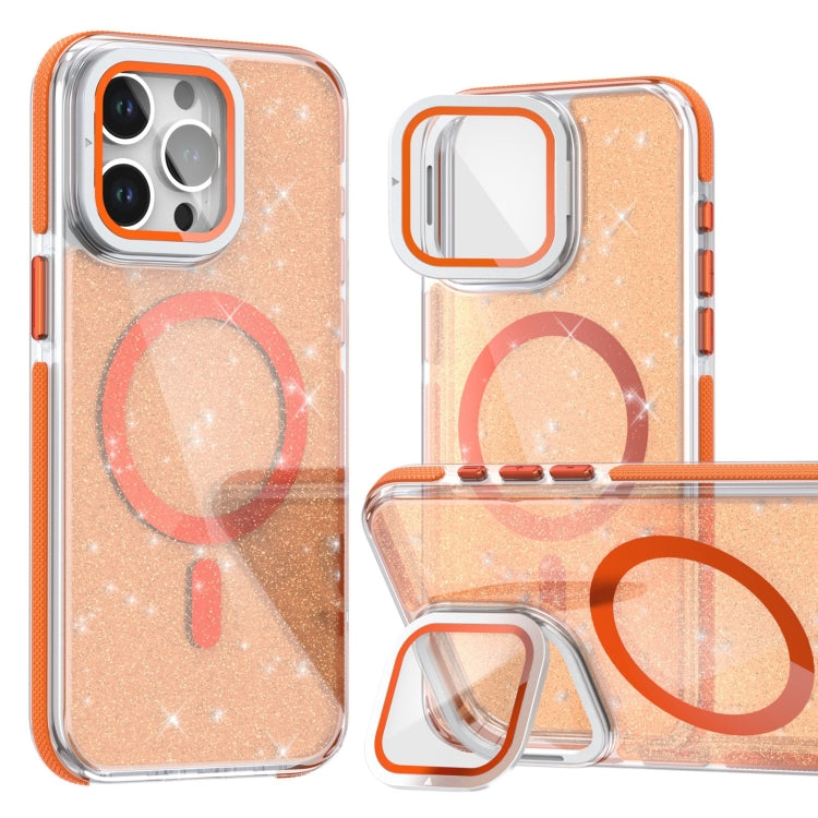 For iPhone 16 Pro Max Two-color Glitter Powder Lens Holder Magsafe Phone Case(Orange) - iPhone 16 Pro Max Cases by buy2fix | Online Shopping UK | buy2fix