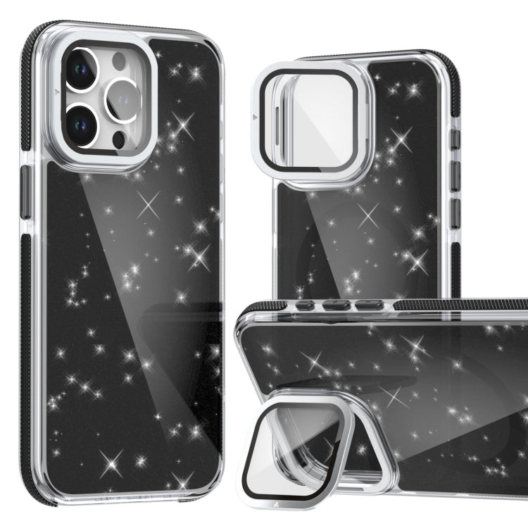 For iPhone 16 Pro Max Two-color Glitter Powder Lens Holder Magsafe Phone Case(Black) - iPhone 16 Pro Max Cases by buy2fix | Online Shopping UK | buy2fix
