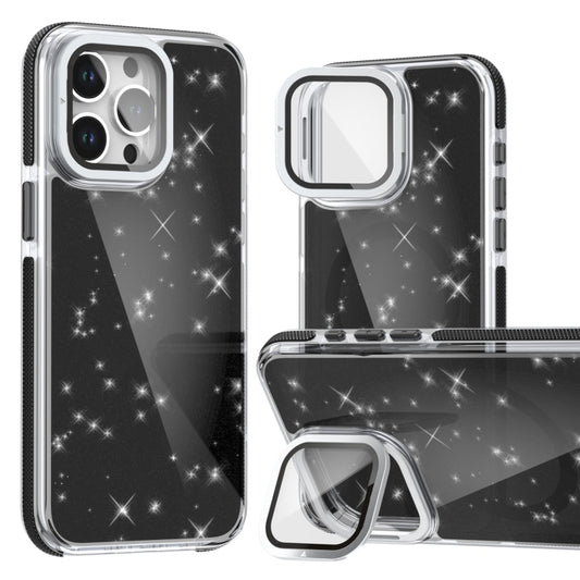 For iPhone 16 Pro Max Two-color Glitter Powder Lens Holder Magsafe Phone Case(Black) - iPhone 16 Pro Max Cases by buy2fix | Online Shopping UK | buy2fix