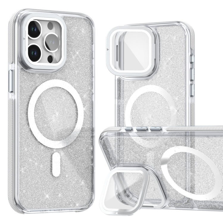For iPhone 16 Pro Max Two-color Glitter Powder Lens Holder Magsafe Phone Case(White) - iPhone 16 Pro Max Cases by buy2fix | Online Shopping UK | buy2fix