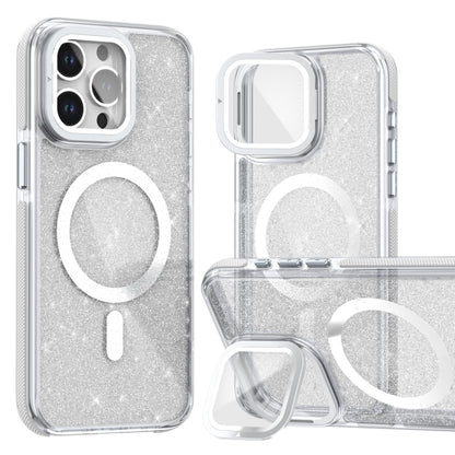 For iPhone 16 Pro Max Two-color Glitter Powder Lens Holder Magsafe Phone Case(White) - iPhone 16 Pro Max Cases by buy2fix | Online Shopping UK | buy2fix
