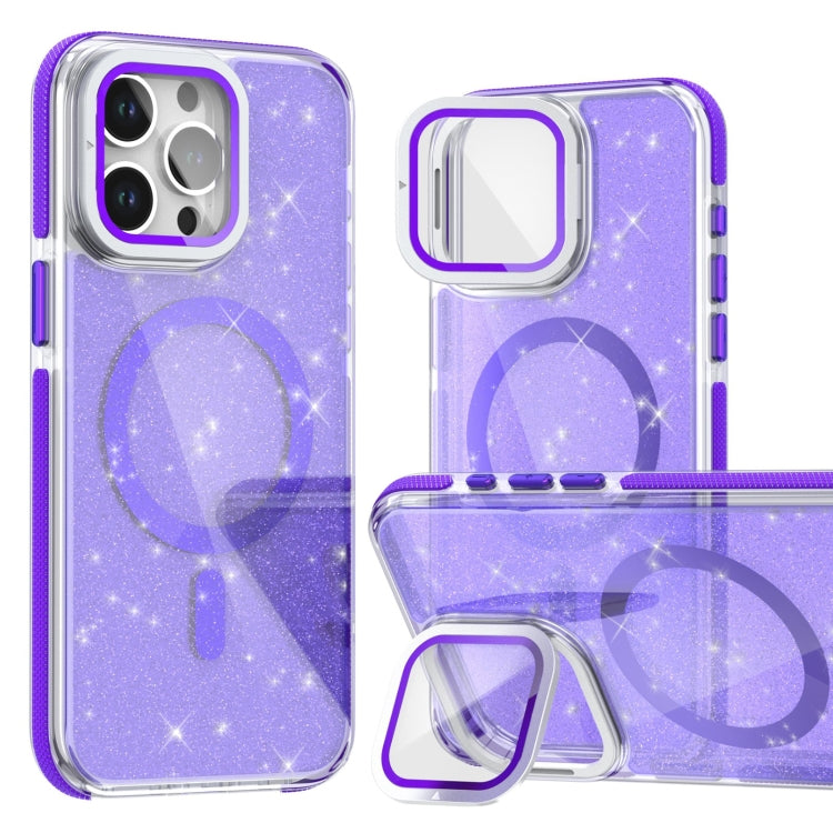For iPhone 16 Pro Two-color Glitter Powder Lens Holder Magsafe Phone Case(Purple) - iPhone 16 Pro Cases by buy2fix | Online Shopping UK | buy2fix