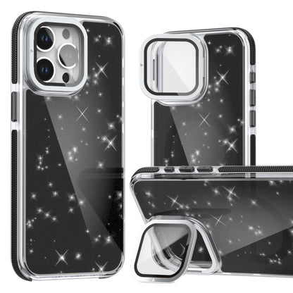 For iPhone 16 Pro Two-color Glitter Powder Lens Holder Magsafe Phone Case(Black) - iPhone 16 Pro Cases by buy2fix | Online Shopping UK | buy2fix