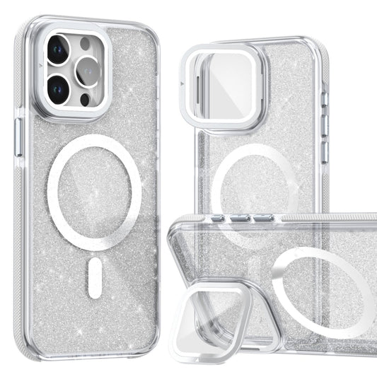For iPhone 16 Pro Two-color Glitter Powder Lens Holder Magsafe Phone Case(White) - iPhone 16 Pro Cases by buy2fix | Online Shopping UK | buy2fix