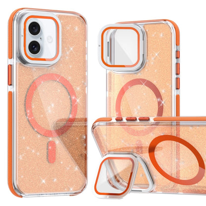 For iPhone 16 Plus Two-color Glitter Powder Lens Holder Magsafe Phone Case(Orange) - iPhone 16 Plus Cases by buy2fix | Online Shopping UK | buy2fix