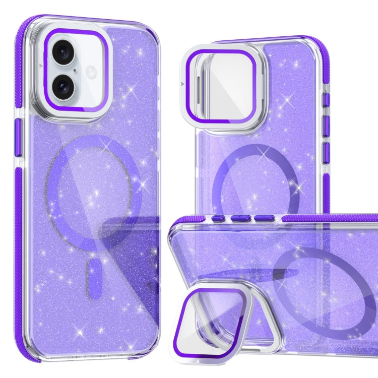 For iPhone 16 Plus Two-color Glitter Powder Lens Holder Magsafe Phone Case(Purple) - iPhone 16 Plus Cases by buy2fix | Online Shopping UK | buy2fix