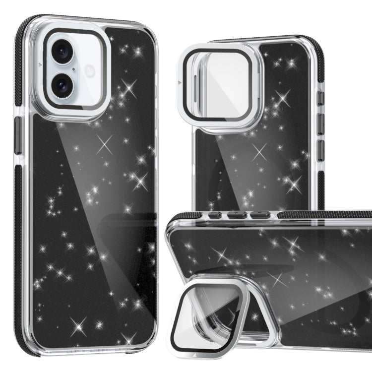 For iPhone 16 Plus Two-color Glitter Powder Lens Holder Magsafe Phone Case(Black) - iPhone 16 Plus Cases by buy2fix | Online Shopping UK | buy2fix