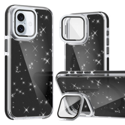 For iPhone 16 Plus Two-color Glitter Powder Lens Holder Magsafe Phone Case(Black) - iPhone 16 Plus Cases by buy2fix | Online Shopping UK | buy2fix
