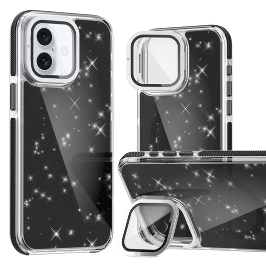 For iPhone 16 Plus Two-color Glitter Powder Lens Holder Magsafe Phone Case(Black) - iPhone 16 Plus Cases by buy2fix | Online Shopping UK | buy2fix