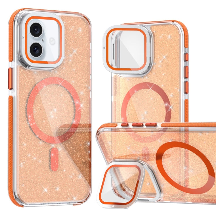 For iPhone 16 Two-color Glitter Powder Lens Holder Magsafe Phone Case(Orange) - iPhone 16 Cases by buy2fix | Online Shopping UK | buy2fix