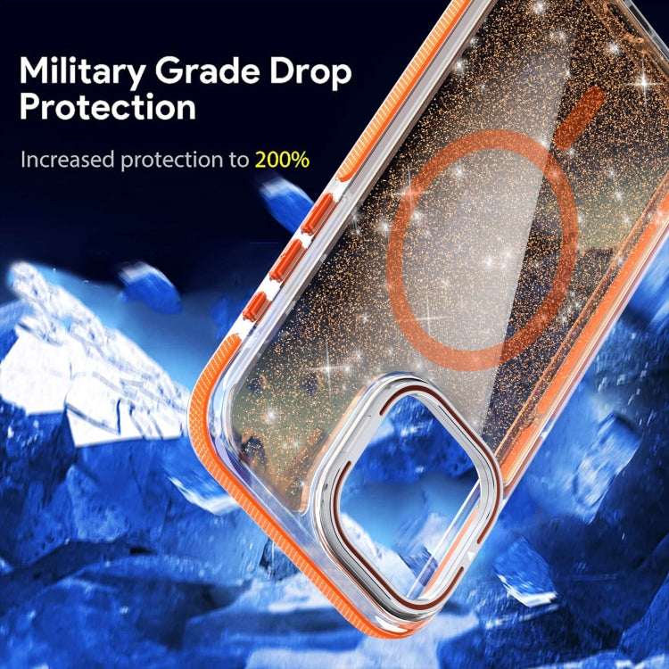 For iPhone 16 Plus Two-color Glitter Powder Lens Holder Magsafe Phone Case(Orange) - iPhone 16 Plus Cases by buy2fix | Online Shopping UK | buy2fix