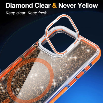 For iPhone 14 Plus Two-color Glitter Powder Lens Holder Magsafe Phone Case(Orange) - iPhone 14 Plus Cases by buy2fix | Online Shopping UK | buy2fix