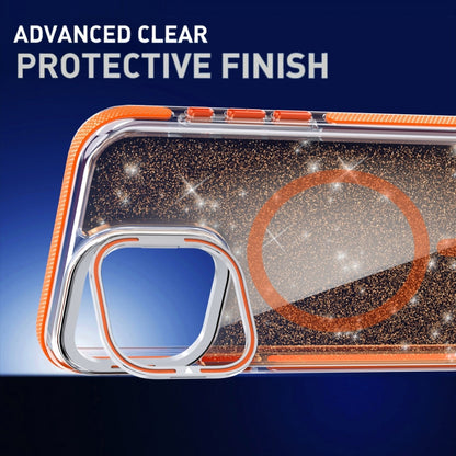 For iPhone 14 Pro Two-color Glitter Powder Lens Holder Magsafe Phone Case(Orange) - iPhone 14 Pro Cases by buy2fix | Online Shopping UK | buy2fix