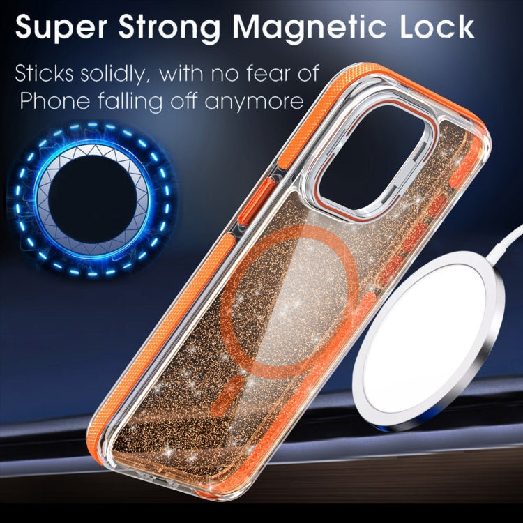 For iPhone 15 Pro Max Two-color Glitter Powder Lens Holder Magsafe Phone Case(Orange) - iPhone 15 Pro Max Cases by buy2fix | Online Shopping UK | buy2fix