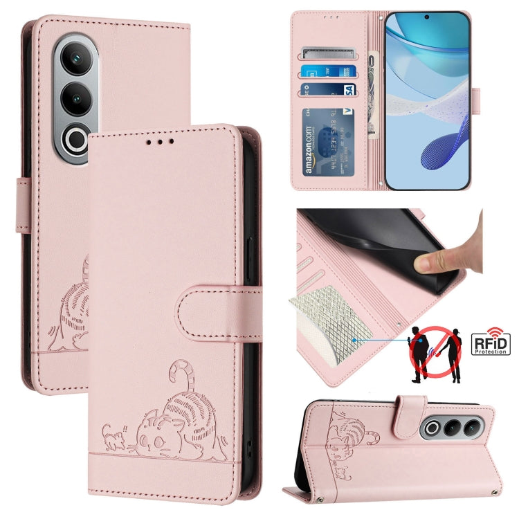 For OnePlus Nord CE4 5G Cat Rat Embossed Pattern RFID Leather Phone Case with Lanyard(Pink) by buy2fix