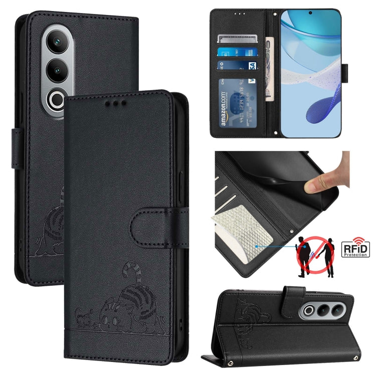 For OnePlus Nord CE4 5G Cat Rat Embossed Pattern RFID Leather Phone Case with Lanyard(Black) by buy2fix