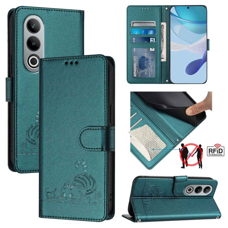 For OnePlus Nord CE4 5G Cat Rat Embossed Pattern RFID Leather Phone Case with Lanyard(Peacock Green) by buy2fix