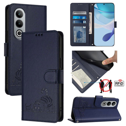 For OnePlus Nord CE4 5G Cat Rat Embossed Pattern RFID Leather Phone Case with Lanyard(Blue) by buy2fix
