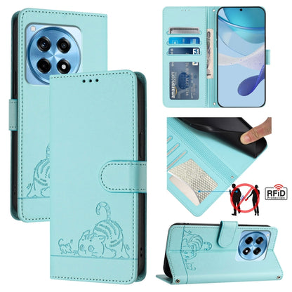 For OnePlus 12R 5G Global Cat Rat Embossed Pattern RFID Leather Phone Case with Lanyard(Mint Green) by buy2fix
