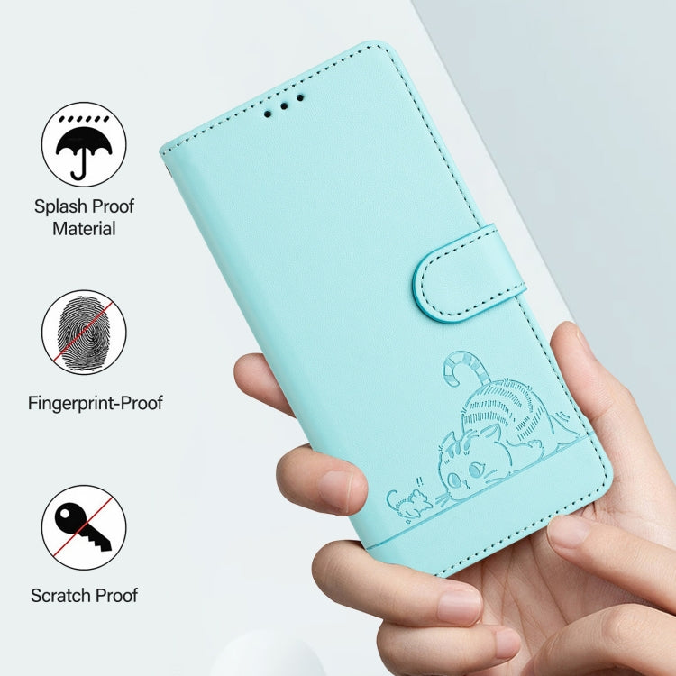 For OnePlus 12R 5G Global Cat Rat Embossed Pattern RFID Leather Phone Case with Lanyard(Mint Green) by buy2fix