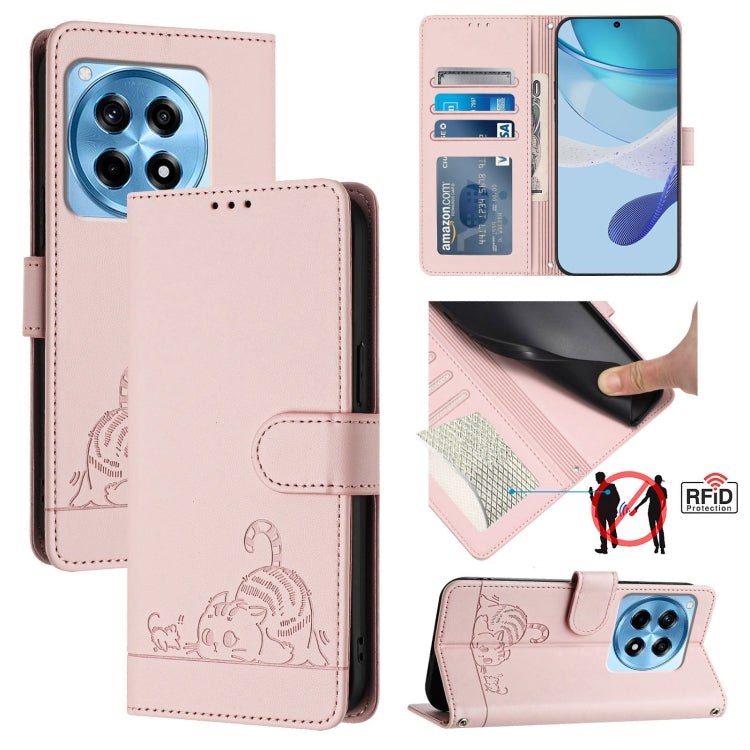 For OnePlus 12R 5G Global Cat Rat Embossed Pattern RFID Leather Phone Case with Lanyard(Pink) by buy2fix