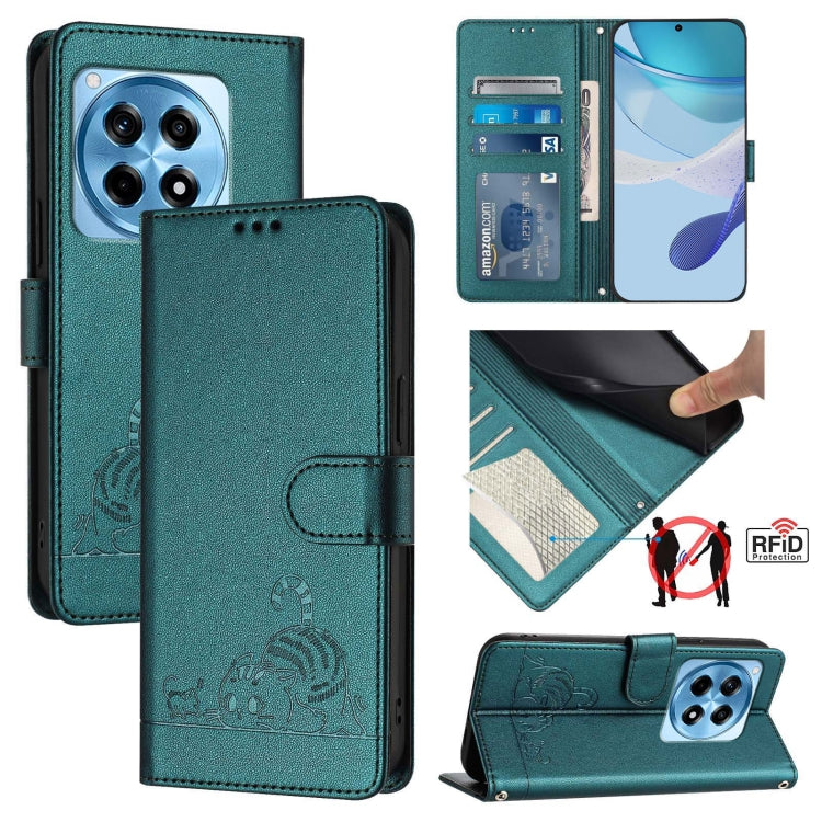 For OnePlus 12R 5G Global Cat Rat Embossed Pattern RFID Leather Phone Case with Lanyard(Peacock Green) by buy2fix
