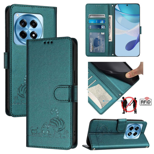 For OnePlus 12R 5G Global Cat Rat Embossed Pattern RFID Leather Phone Case with Lanyard(Peacock Green) by buy2fix