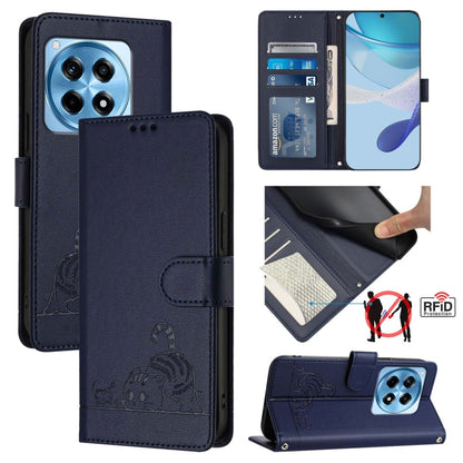 For OnePlus 12R 5G Global Cat Rat Embossed Pattern RFID Leather Phone Case with Lanyard(Blue) by buy2fix