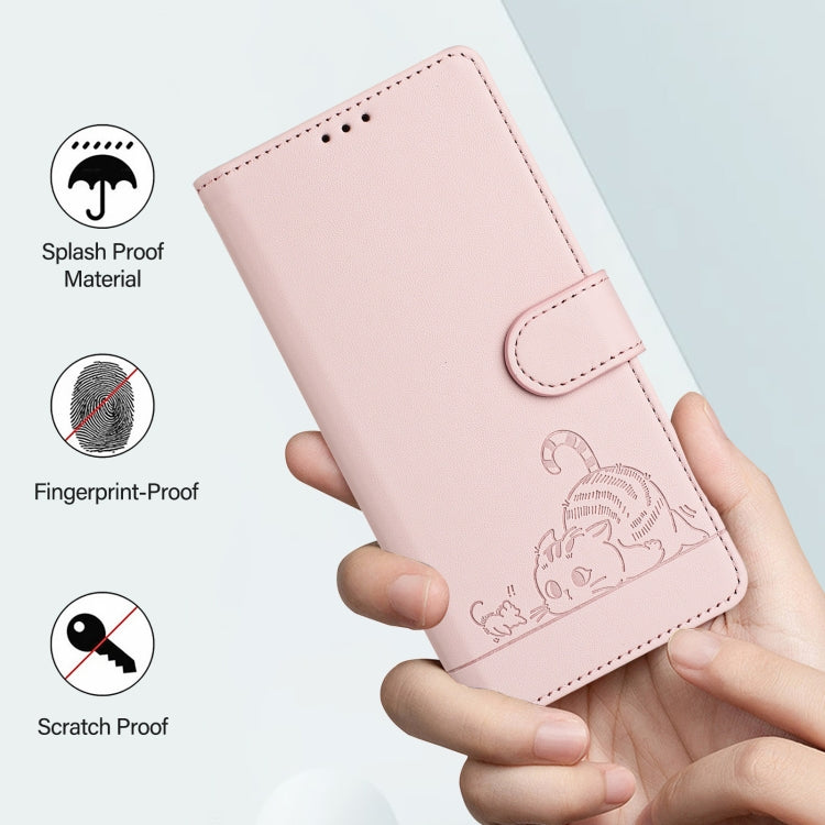 For OnePlus 12 5G Global Cat Rat Embossed Pattern RFID Leather Phone Case with Lanyard(Pink) - OnePlus Cases by buy2fix | Online Shopping UK | buy2fix