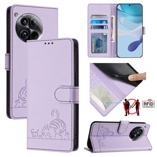 For OnePlus 12 5G Global Cat Rat Embossed Pattern RFID Leather Phone Case with Lanyard(Purple) - OnePlus Cases by buy2fix | Online Shopping UK | buy2fix