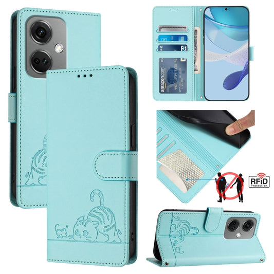 For OnePlus Nord CE3 5G India Cat Rat Embossed Pattern RFID Leather Phone Case with Lanyard(Mint Green) by buy2fix