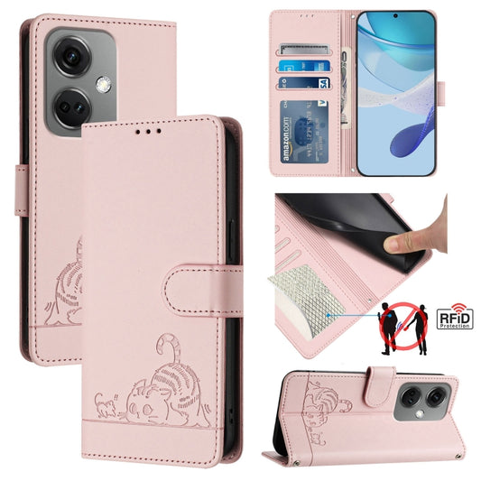 For OnePlus Nord CE3 5G India Cat Rat Embossed Pattern RFID Leather Phone Case with Lanyard(Pink) by buy2fix