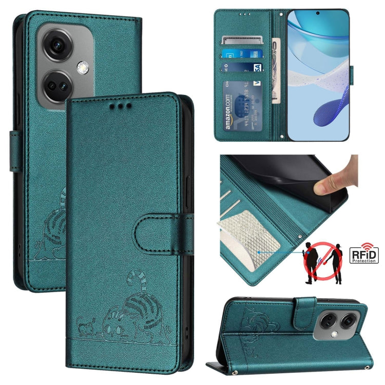 For OnePlus Nord CE3 5G India Cat Rat Embossed Pattern RFID Leather Phone Case with Lanyard(Peacock Green) by buy2fix